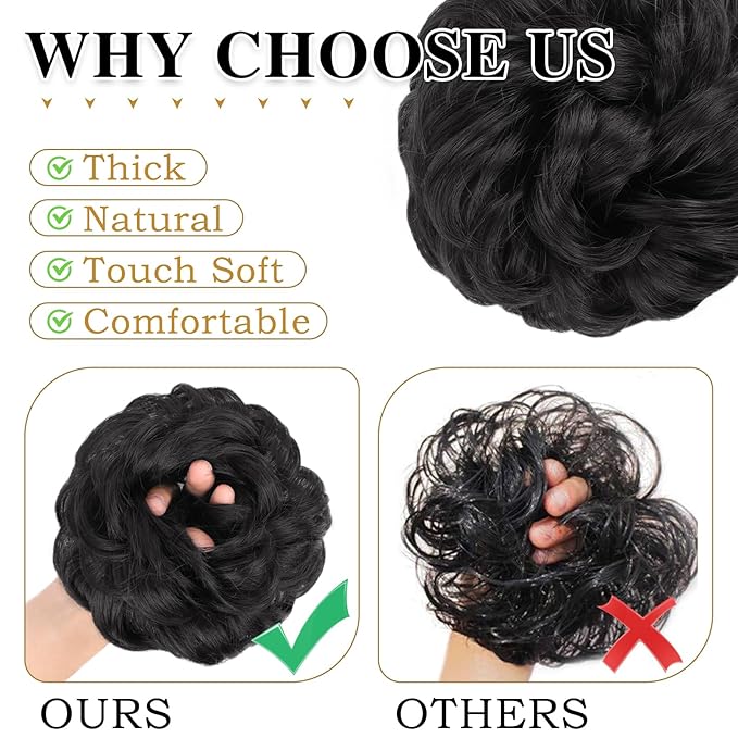 MORICA 1PCS Messy Hair Bun Hair Scrunchies Extension Curly Wavy Messy Bun Hair Synthetic Chignon Hairpieces for Women(Black)