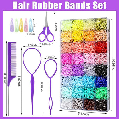 32 Colored Elastic Ties, 1700 Pieces Rubber Bands With 14 Styling Tools, Hair Tie Cutter and Accessories for Girls, Baby, Toddler, Kids