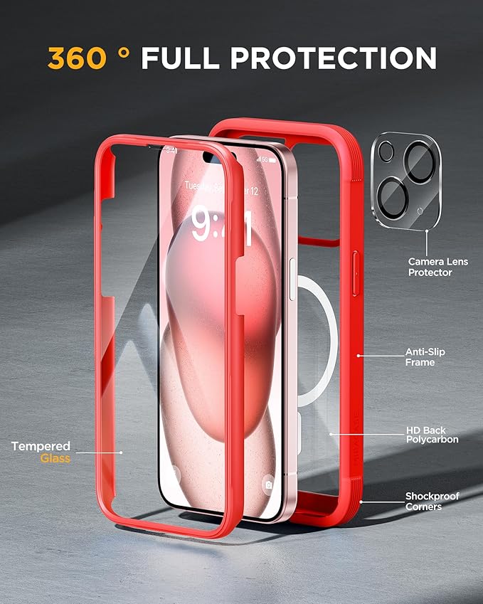 Miracase Glass Series for iPhone 15 Case [Compatible with MagSafe] Full-Body Magnetic Bumper Case with Built-in 9H Tempered Glass Anti-Fingerprint Screen Protector + Camera Lens Protector, Red