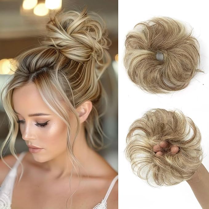 1 PCS Messy Bun Hair Piece Real Human Hair Thick Updo Wavy Curly Chignon Ponytail Hair Extensions Hair Bun Hairpieces for Women Girls (#P12-613)