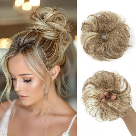 1 PCS Messy Bun Hair Piece Real Human Hair Thick Updo Wavy Curly Chignon Ponytail Hair Extensions Hair Bun Hairpieces for Women Girls (#P12-613)