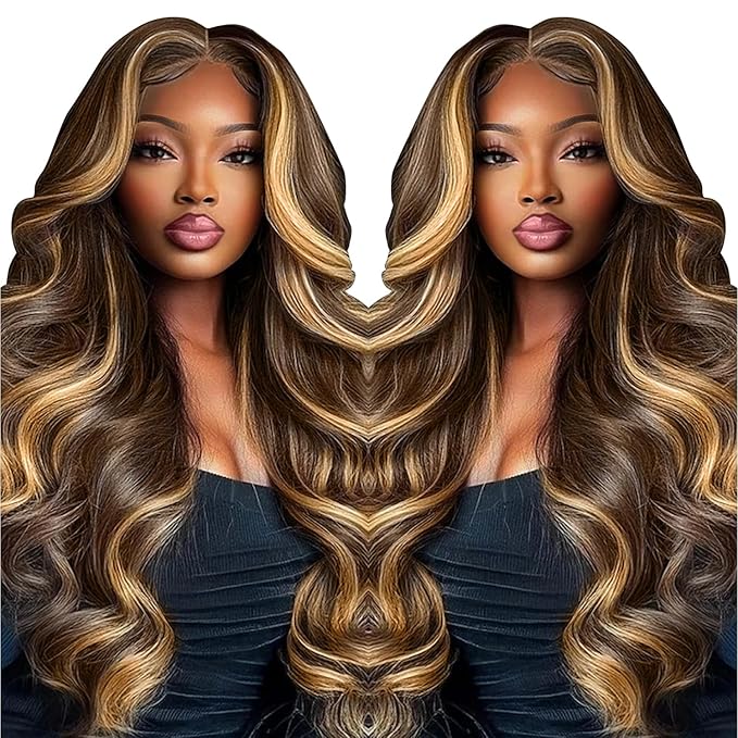 Ombre Lace Front Wig Human Hair 220% Density 4/27 Highlight Wig Human Hair Pre Everything 7x5 Highlight Body Wave Wigs Balayage Glueless Wig Blonde Highlight Wig For Women Brown And Blonde Wigs 28 In