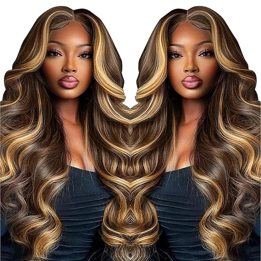Ombre Lace Front Wig Human Hair 220% Density 4/27 Highlight Wig Human Hair Pre Everything 7x5 Highlight Body Wave Wigs Balayage Glueless Wig Blonde Highlight Wig For Women Brown And Blonde Wigs 28 In