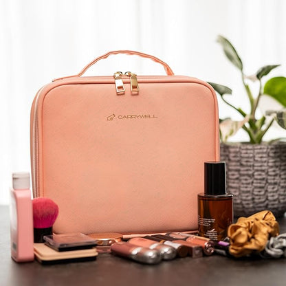 (Not Made In China) 2 Pack, Makeup Train Case, Cosmetic Travel Organizer For Professional Beauty Artist, Portable Storage Bag W/Adjustable Dividers For Jewelry and Brushes (Pink, Small)