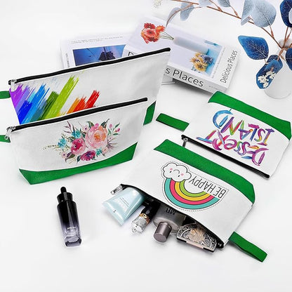 10 Pieces Cotton Canvas Makeup Bag with Bottom and Strap, Multi-Purpose Cosmetic Bag with Zipper Travel Toiletry Pouch, Blank DIY Craft Bag (White&Green, M)
