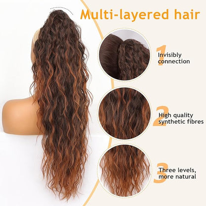 ORSUNCER Ponytail Extension Claw 30" Curly Pony Tail Clip in Claw Hair Extensions Fluffy Natural Looking Synthetic Hairpiece for Women Omber Almand Brown