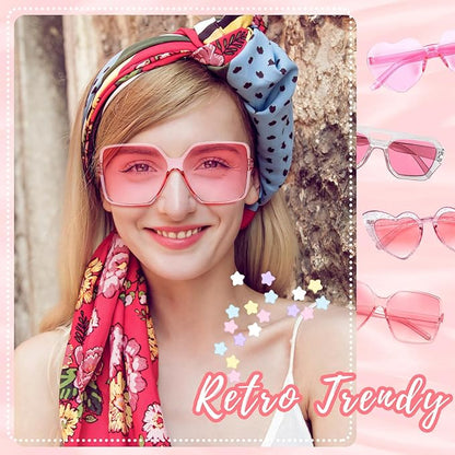 Pibupibu 8 Pack Pink Sunglasses for Women Collection Trendy Cute Costume Accessories Eyewear Set (Transparent/Solid/Mix)