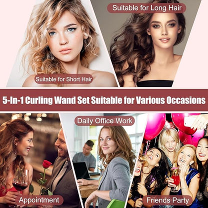 5 in 1 Curling Wand Set - SIQUER Curling Iron Set 1/2 to 1 1/4 Inch Beach Waves Wands 1 1/2 Inch Thermal Brush Fast Heating Up Hair Curlers for Women with Protective Gloves Clamps (Rose, Black)