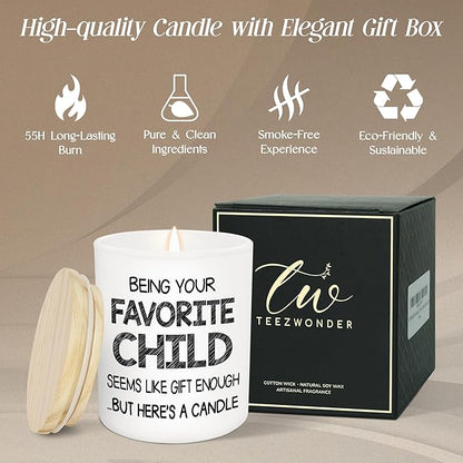 TEEZWONDER Mothers Day Gifts for Mom from Daughter Son - Favorite Child Long Lasting Vanilla Lavender Candle 10 oz - Fathers Day Mothers Day Mom Birthday Gifts for Women Men Dad Grandpa Grandma