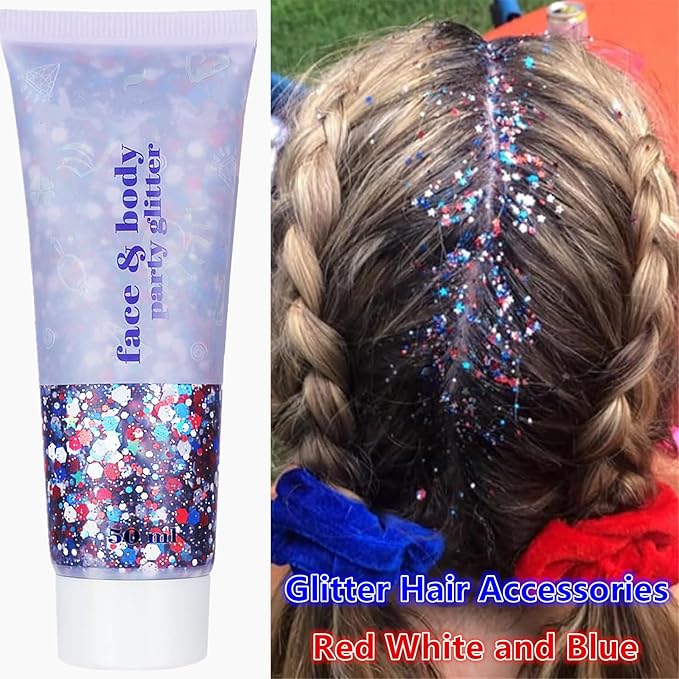Go Ho Red White and Blue Body Glitter,USA Flag Pride Face Glitter,4th of July Outfits for Women Reflective Glitters Makeup,Holographic Long Lasting Chunky Sequins,Fourth of July Accessories