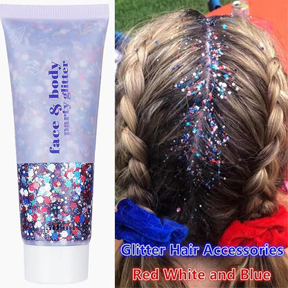 Go Ho Red White and Blue Body Glitter,USA Flag Pride Face Glitter,4th of July Outfits for Women Reflective Glitters Makeup,Holographic Long Lasting Chunky Sequins,Fourth of July Accessories