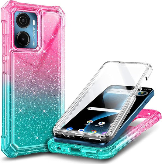 for Cricket Magic 2 5G Case (2024), AT&T Propel 2 5G with [Built-in Screen Protector], [9FT Military Grade Drop Tested] Full-Body Protective Shockproof Bumper Case (Glitter Pink/Aqua)