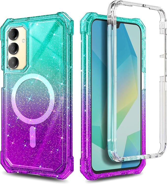 Designed for Samsung Galaxy A16 5G/4G Phone Case, Magnetic Compatible with MagSafe, [Raised Corners Drop Protection] Shockproof Protective Bumper Cover (Glitter Aqua/Purple)