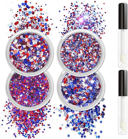 Allstarry Chunky Body Glitter 4 Colors Cosmetic Patriotic Face Glitter Independence Day Hair Sequins Sparkle Veterans Day Eye Flakes 4th of July Accessories for Olympics Party Women Face Paint Makeup