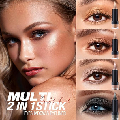 2-in-1 Gradient Eyeliner & Eyeshadow Stick Combo, Shimmer & Matte Cream Eyeshadow Pencil, Waterproof & Smudge-Proof, Long-Lasting Eye Makeup, Metallic & Neutral Shades (#01 Golden Sand)