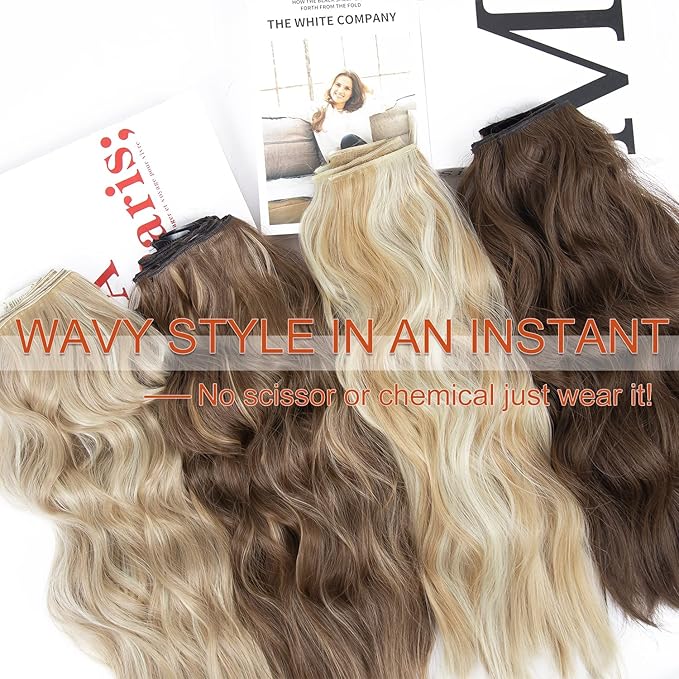 4PCS Clip in Hair Extensions 20 Inches Long Blonde Soft Wavy Clip in Synthetic Hair Extensions for Women (Ombre Chocolate Brown Mix Ash Blonde, R6/88#)
