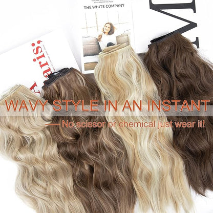 4PCS Clip in Hair Extensions 20 Inches Long Blonde Soft Wavy Clip in Synthetic Hair Extensions for Women (Ombre Chocolate Brown Mix Ash Blonde, R6/88#)