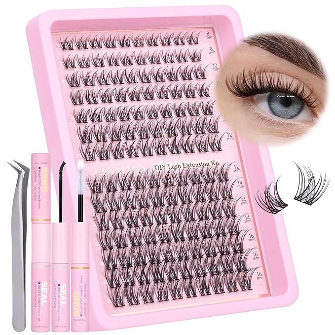 Natural Lash Extension Kit 8-16mm Lash Clusters Wispy Eyelash Clusters Sweatproof Lash Clusters C Cluster 144pcs with Bond and Seal Lash Glue and Eyelash Extension Tweezers DIY at Home