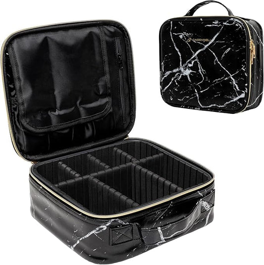 (Not Made In China) Makeup Train Case, Cosmetic Organizer Bag, Travel Make Up Storage With Adjustable Dividers For Cosmetics, Jewelry, Fragrance, Nail Polish and Brushes (1, Marble, Small)