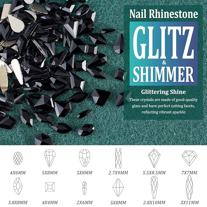 Multi Shapes Black 3D Glass Crystal Nail Art Rhinestones Kit with Flatback Round Bead Charm Gem Stone Jewelry Diamond with Pickup Pen + Tweezer for Manicure Makeup DIY Craft Decoration