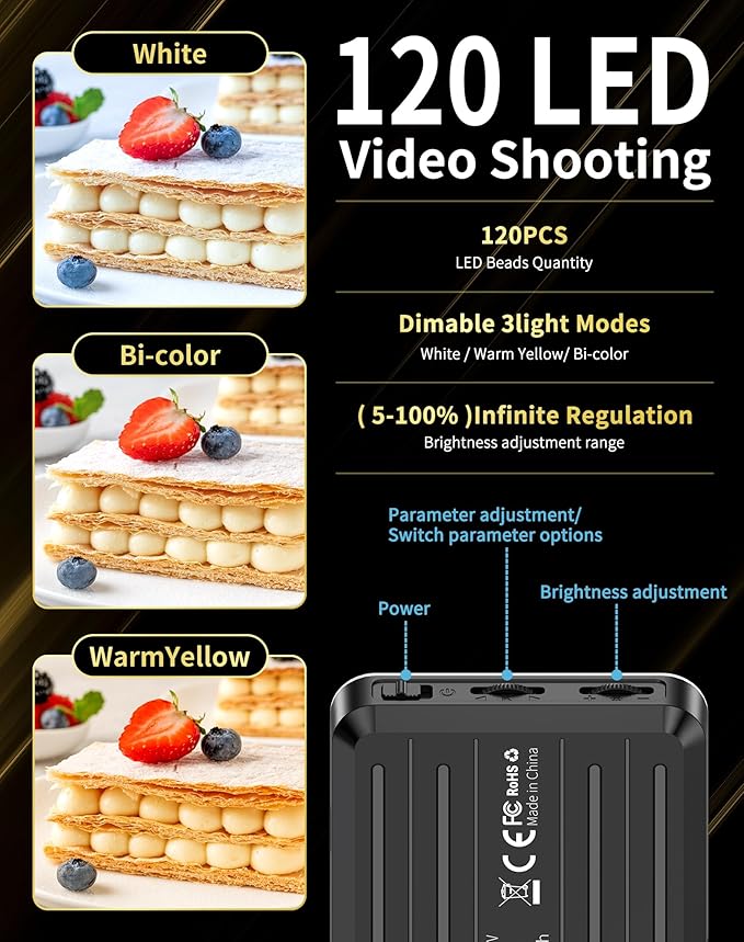 120LED Portable Selfie Light:Phone Light with Clip & Camera Tripod Adapter Rechargeable 3000mAh CRI 95+, 3 Light Modes, for Video Conference Lighting, Makeup, Live,Vlog,is Appy to Creator