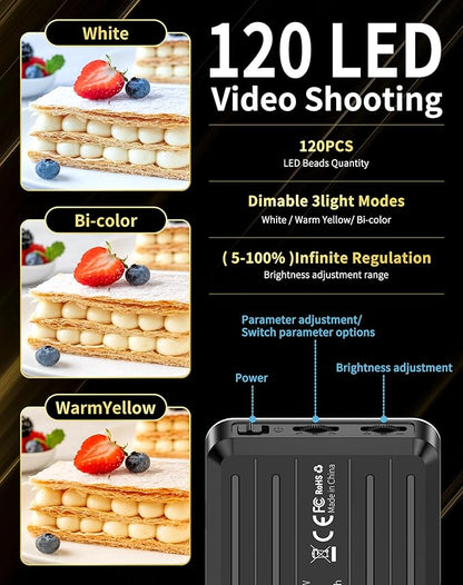 120LED Portable Selfie Light:Phone Light with Clip & Camera Tripod Adapter Rechargeable 3000mAh CRI 95+, 3 Light Modes, for Video Conference Lighting, Makeup, Live,Vlog,is Appy to Creator