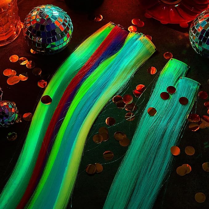 20 Pcs Glow in the Dark Colored Hair Extensions Clip 20 Inch Rainbow Party Hairpiece for Women, 10 Color(Multicolor)