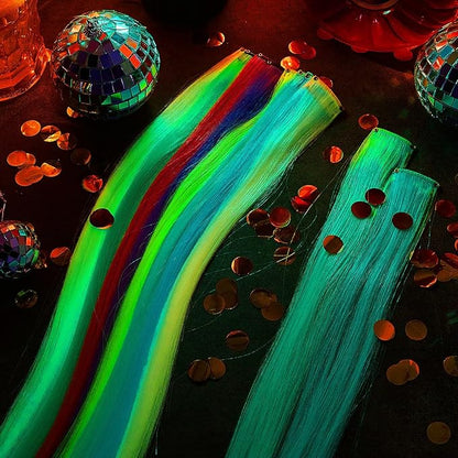20 Pcs Glow in the Dark Colored Hair Extensions Clip 20 Inch Rainbow Party Hairpiece for Women, 10 Color(Multicolor)