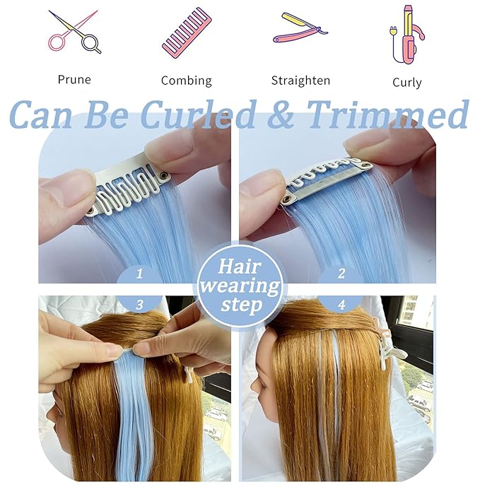 12 Pcs Colored Hair Extensions, 20 Inch Clip In Rainbow Hair Extensions Heat-Resistant Straight Hair Pices for Kids Women Cospaly Party Gift(Light blue)