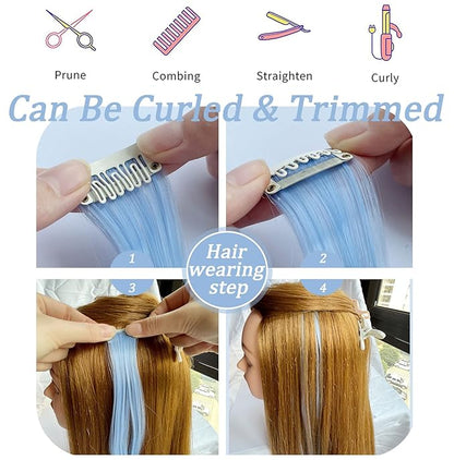 12 Pcs Colored Hair Extensions, 20 Inch Clip In Rainbow Hair Extensions Heat-Resistant Straight Hair Pices for Kids Women Cospaly Party Gift(Light blue)