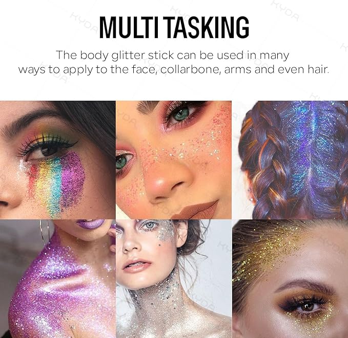KYDA Body Glitter Stick, Chunky Glitter Gel for Face Body Hair, Sparkling Holographic Mermaid Sequins Paint, Waterproof Multiuse Makeup Glitter Gel, Golden