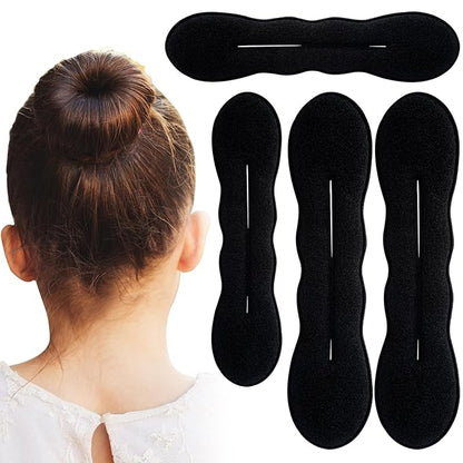 4pcs Hair Bun Maker for Women, Non-Slip Hair Bun Shaper Curler, Lazy Sponge Bun Updo Hair Styling Accessories for Long Thin Curly Straight Wavy Hair- Black