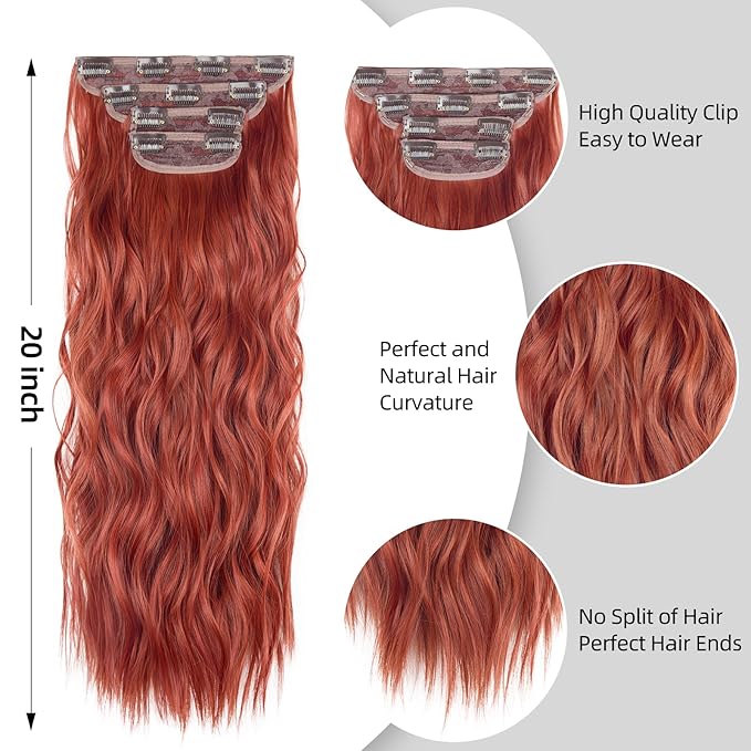 20 Inches Clip in Hair Extensions Double Weft Copper Red Long Wavy Hair Extensions for Women 4PCS Thick Hairpieces Synthetic Fiber (Copper Red)