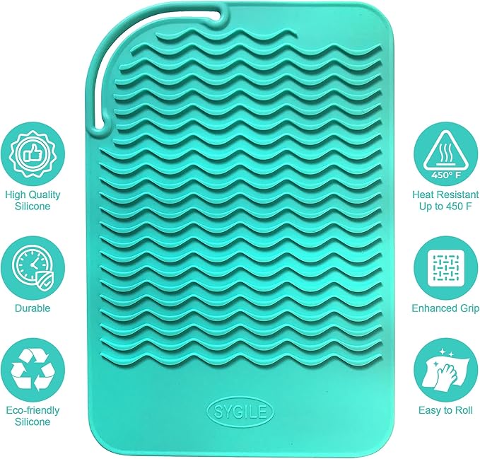 11" X 7.5" Large Size Heat Resistant Silicone Travel Mat, Anti-Heat Pad for Hair Straighteners, Hair Rollers, Curling Irons, Flat Irons and Other Hair Styling Tools - Mint Green (Turquoise)