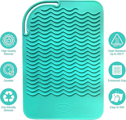 11" X 7.5" Large Size Heat Resistant Silicone Travel Mat, Anti-Heat Pad for Hair Straighteners, Hair Rollers, Curling Irons, Flat Irons and Other Hair Styling Tools - Mint Green (Turquoise)