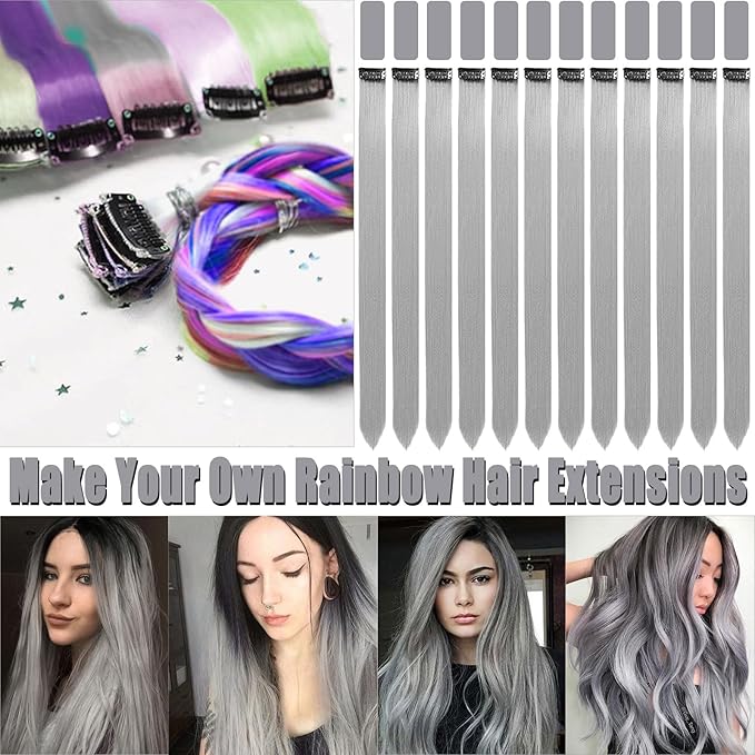 12 PCS Grey Hair Extensions Clip in, 22 Inch Colored Hair Extensions Party Highlights Long Straight Synthetic Hairpieces for Women Kids Girls Cosplay