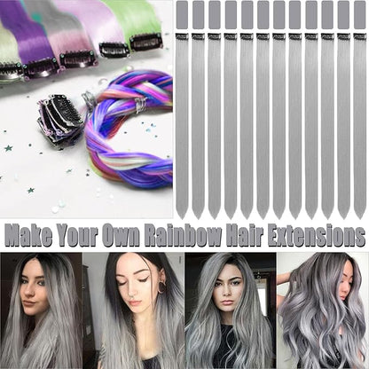 12 PCS Grey Hair Extensions Clip in, 22 Inch Colored Hair Extensions Party Highlights Long Straight Synthetic Hairpieces for Women Kids Girls Cosplay