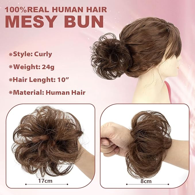 1 PCS Messy Bun Hair Piece Real Human Hair Thick Updo Wavy Curly Chignon Ponytail Hair Extensions Hair Bun Hairpieces for Women Girls (#04 Medium Brown)