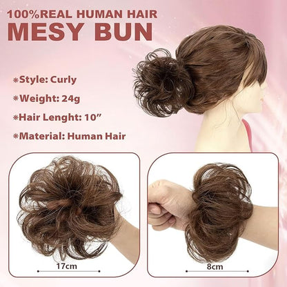 1 PCS Messy Bun Hair Piece Real Human Hair Thick Updo Wavy Curly Chignon Ponytail Hair Extensions Hair Bun Hairpieces for Women Girls (#04 Medium Brown)