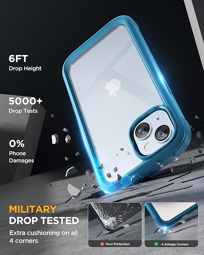 Miracase Glass Series Designed for iPhone 15 Plus Case 6.7',Full-Body Military Drop Proof 15 Plus Phone Case Cover with Built-in 9H Tempered Glass Screen Protector,Blue