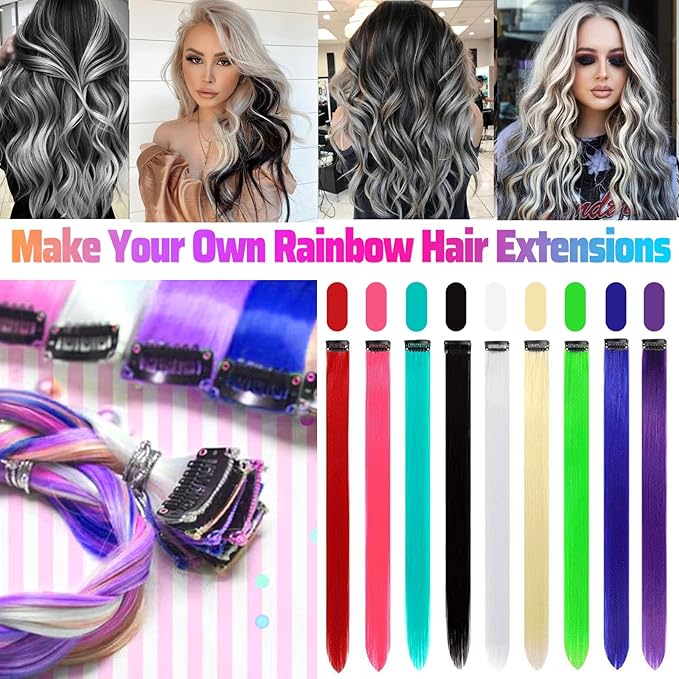 12 PCS Black Hair Extensions Clip in, Colored Party Highlights Extension for Girls Women Synthetic Hairpiece Straight 22 inch