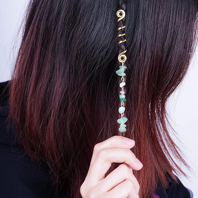 40Pcs Hair Jewelry for Braids, hoyuwak Natural Colored Crystal Stone Hair Braid Accessories Metal Hair Charms Gold Loc Dreadlock Spirals Cuffs Rings for Women Girls Rave Festival Hairstyle Decoration