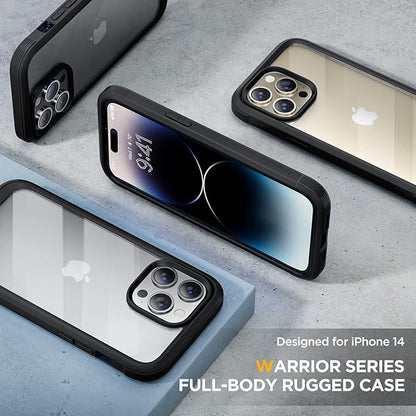 Miracase Glass Series Compatible with iPhone 14 Pro Case 6.1 Inch, Full-Body Clear Bumper Case with Built-in 9H Tempered Glass Screen Protector, with Camera Lens Protector, Black