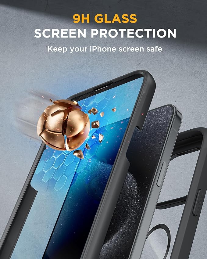 Miracase Magnetic for iPhone 15 Pro Case Full-Body Phone Case with Built-in Glass Screen Protector & Camera Protector, [Compatible with MagSafe] Military Drop Proof 15 Pro Cover Bumper 6.1 inch, Black