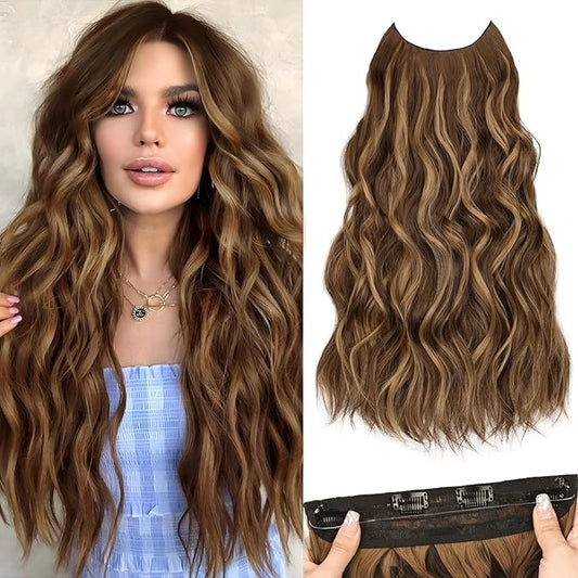 MORICA Invisible Wire Hair Extensions - 20 Inch Honey Blonde Mixed Light Brown Long Wavy Synthetic Hairpiece with Transparent Wire Adjustable Size, 4 Secure Clips for Women