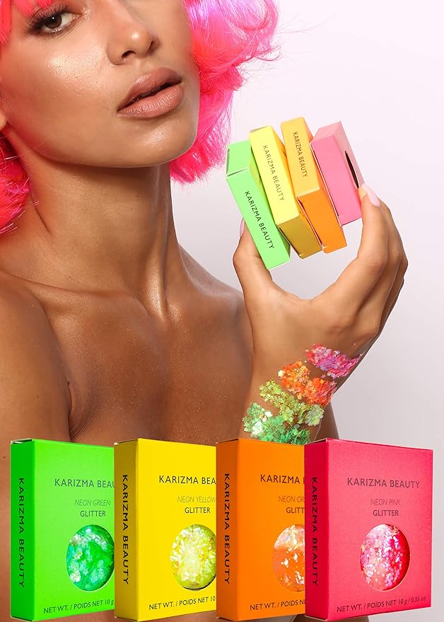 KARIZMA Neon Nights! 4x 10g Chunky Face, Hair, Eye & Body Glitter Set - Neon Yellow, Pink, Orange, Green - Festival, Rave & Event Glitter