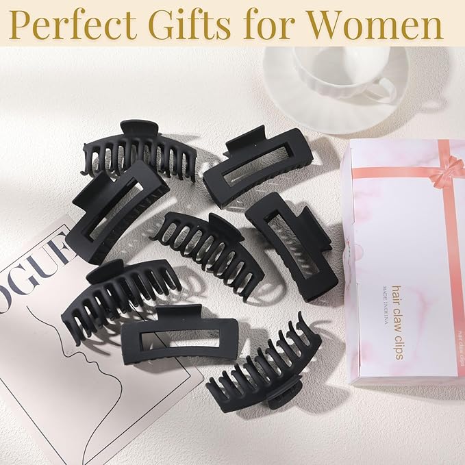 Black Hair Clips for Women -8 Pack 4.3 Inch Large Hair Claw Clips for Women Thin Thick Curly Hair, Big Matte Banana Clips,Strong Hold jaw clips