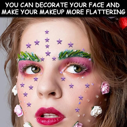 264Pcs Star Face Gems Eye Gems, Self-Adhesive Face Jewels Rhinestones 5/7/10 mm DIY Face Gems Stick on, Patriotic Makeup Gems Rave Accessories for Face Eyes Hair Makeup Body, Crafts (purple-star)