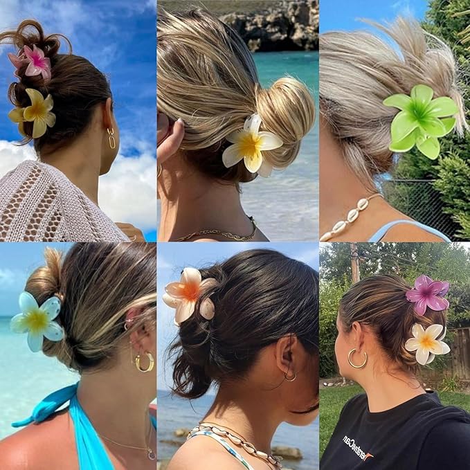 Hawaiian Plumeria Hair Accessories - 6 Pack Large Claw Clips for Thick and Thin Hair, Beach Tropical Hair Clips for Women and Girls