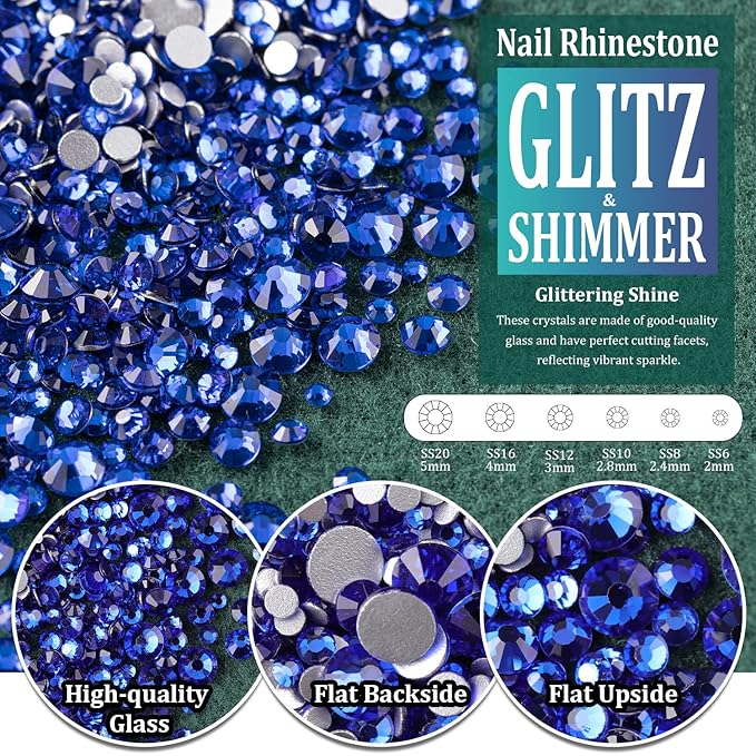 Multi Shapes Dark Blue 3D Glass Crystal Nail Art Rhinestones Kit with Flatback Round Bead Charm Gem Stone Jewelry Diamond with Pickup Pen + Tweezer for Manicure Makeup DIY Craft Decoration